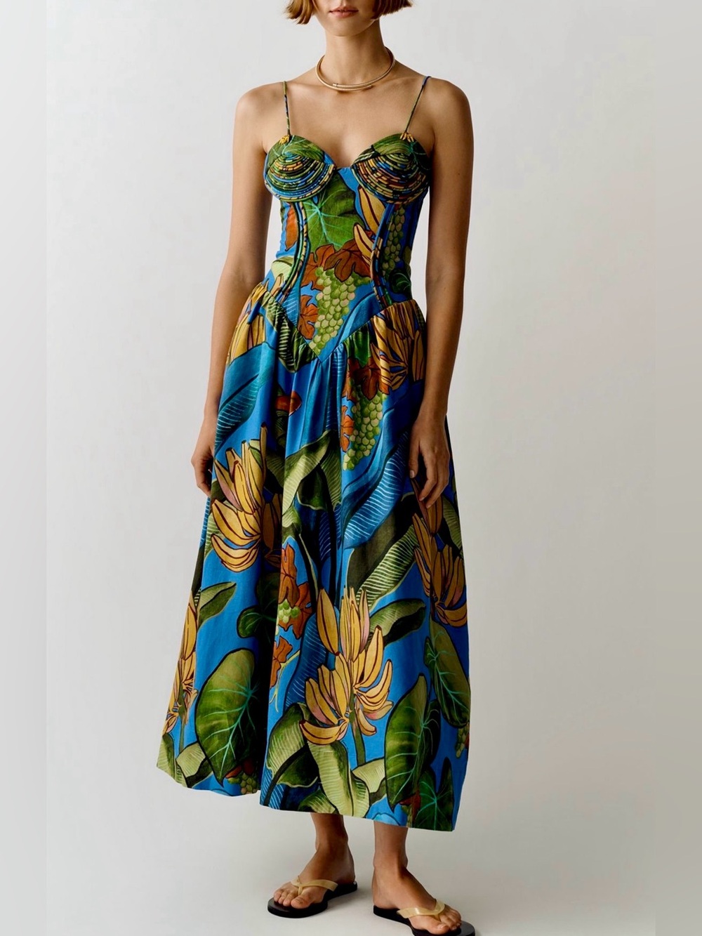 FARM Rio Blue Tropical Strapless Midi Dress with Yellow & Green Floral Print